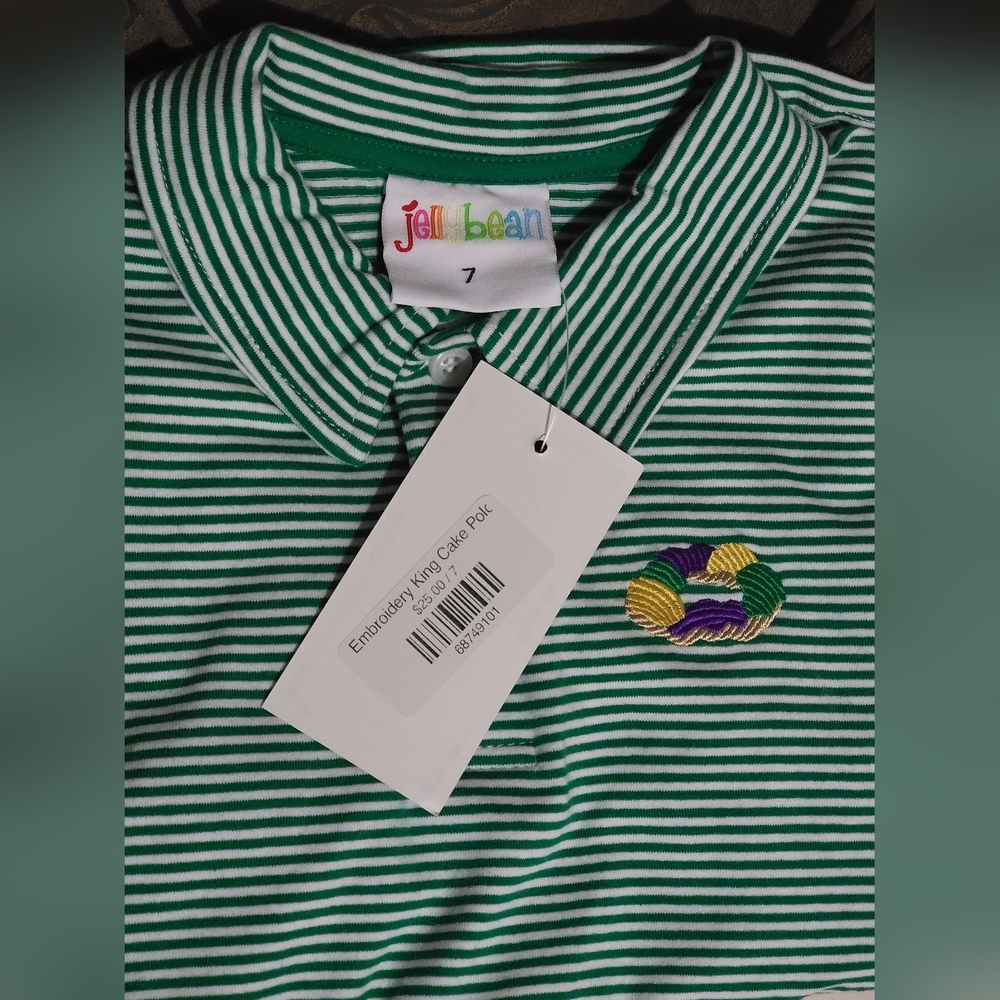 NWT Jellybeans Kids Mardi Gras King Cake Polo with Green Stripes 7